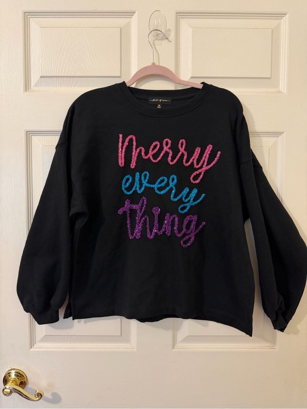 State of Mine Merry Everything Sweatshirt Medium Black Tinsel Chenille Christmas